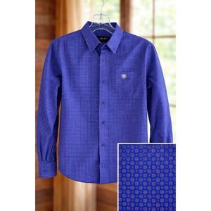 Ariat Boy's M 10-12 Blue‎ Print Western Button Down Shirt Youth Rodeo Cowboy